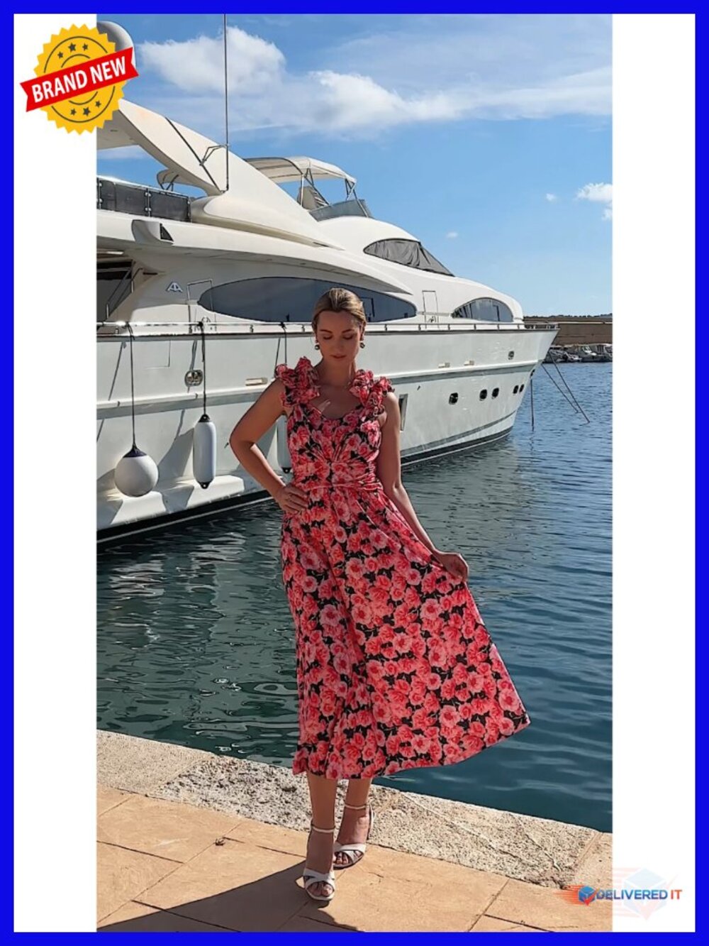 Women's Sleeveless Floral A-Line Wedding Guest Dress with Ruffled Shoulders - Picture 6 of 6